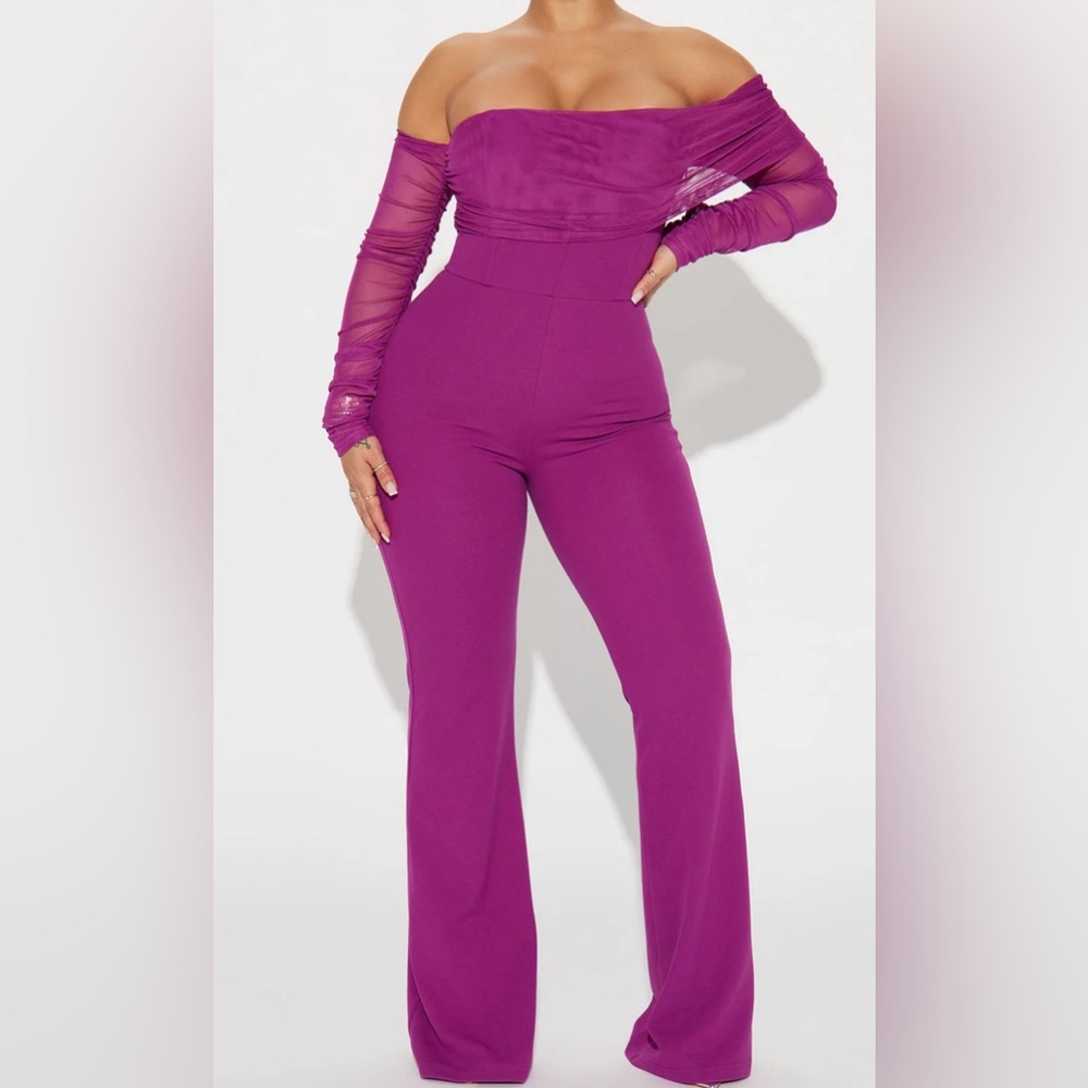 Off the shoulder mesh long sleeve jumpsuit Magenta Size L NWT